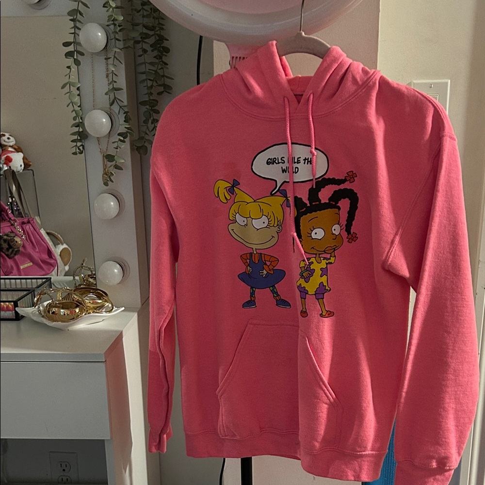 Pink Cartoon Graphic Hoodie - 'Girls Rule the World'